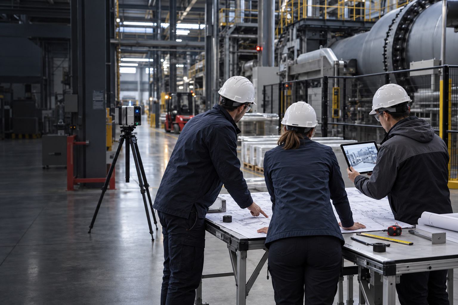 Engineers reviewing plant drawings beside a 3D laser scanner
