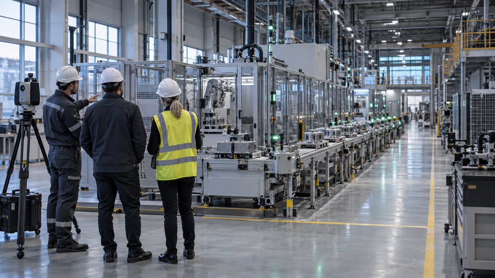 Engineers inspecting a newly installed automated production line during commissioning