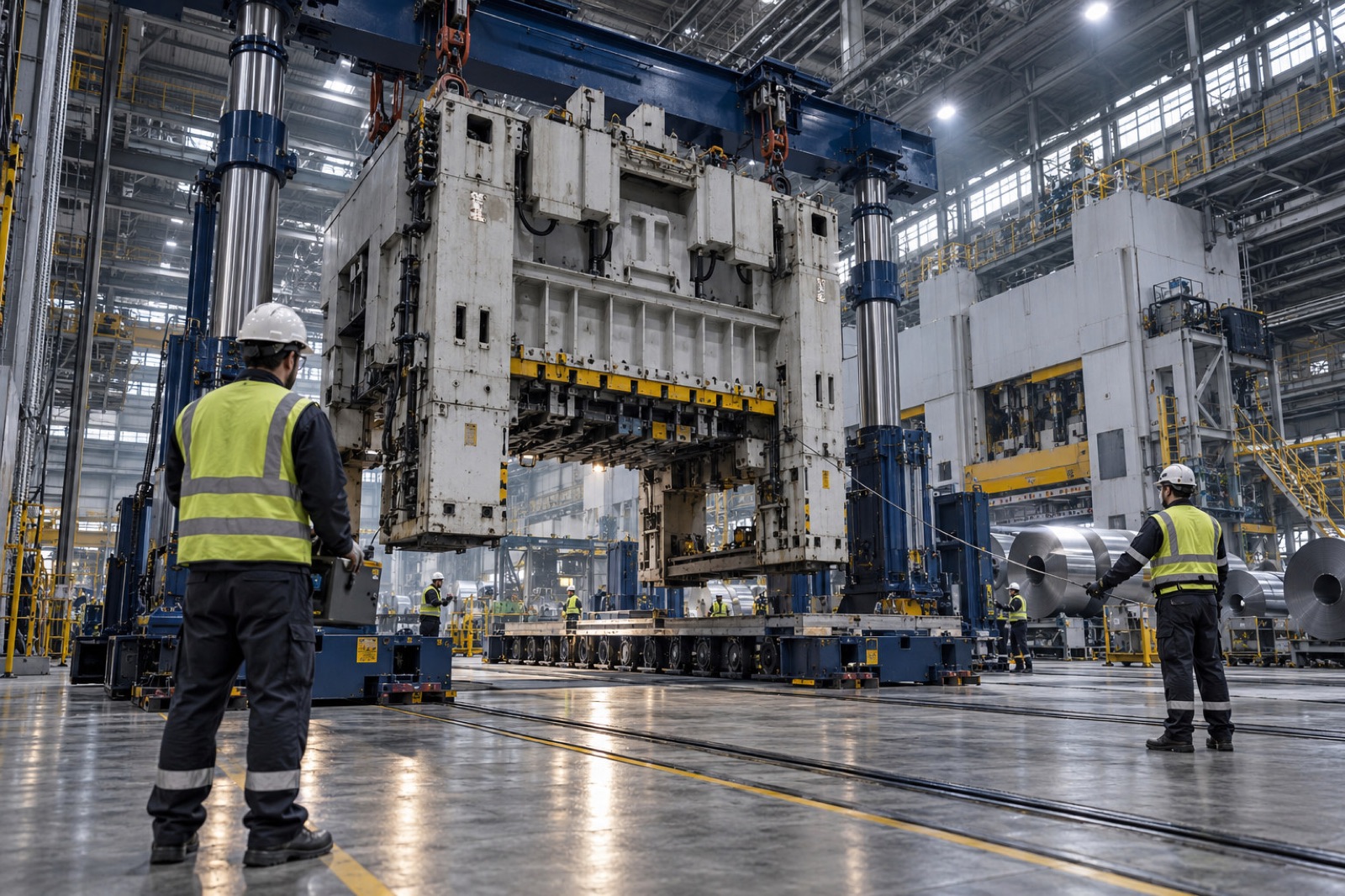 A heavy press module being relocated with an engineered hydraulic gantry